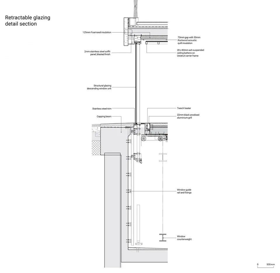 牆體及玻璃剖面大樣圖 Detail Section London Duke of York Square Restaurant 倫敦約克公爵廣場Vardo餐廳／NEX Architecture