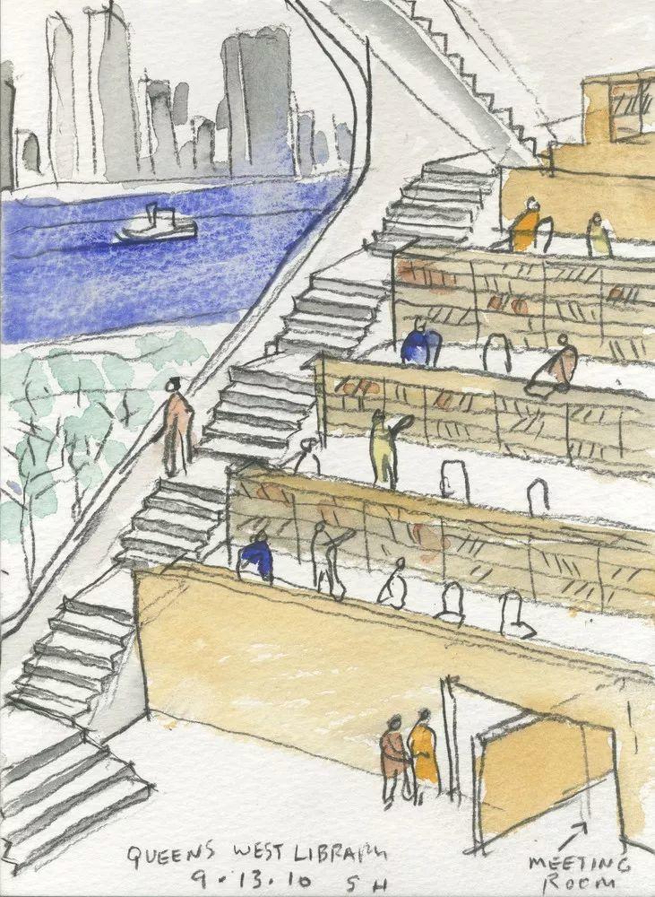 為紐約獵人角社區圖書館的繪畫手稿(Hunters Point Community Library)©Steven Holl Architects