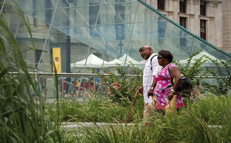 綠意盎然的體驗：茂盛的灌木和草本植栽與輕盈的樹冠相結合，環繞著公園的集會區域，為所有的步行者們帶來舒適的體驗。