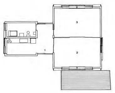 谷川之家平面圖，筱原一男，日本，1958，雖然這個房子由三個相等的部分組成，但看起來並不規則。Tanikawa House, Kazuo Shinohara, Japan, 1958，This house appears unruly although it is composed of three equal parts.