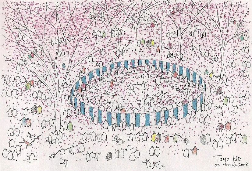 布屏風環繞著觀賞櫻花的人群 Fabric Screens embracing sakura appreciating crowds