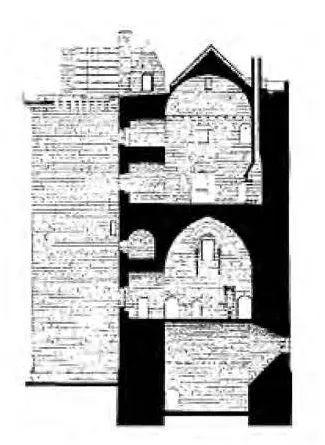 博思威克城堡，蘇格蘭，1430；樓梯是嵌入牆體內的。主廳有朝向全部四個方向的窗戶。｜Borthwick Castle, Scotland, 1430The stairs are set into the walls. The main hall comprises windows in all four directions.
