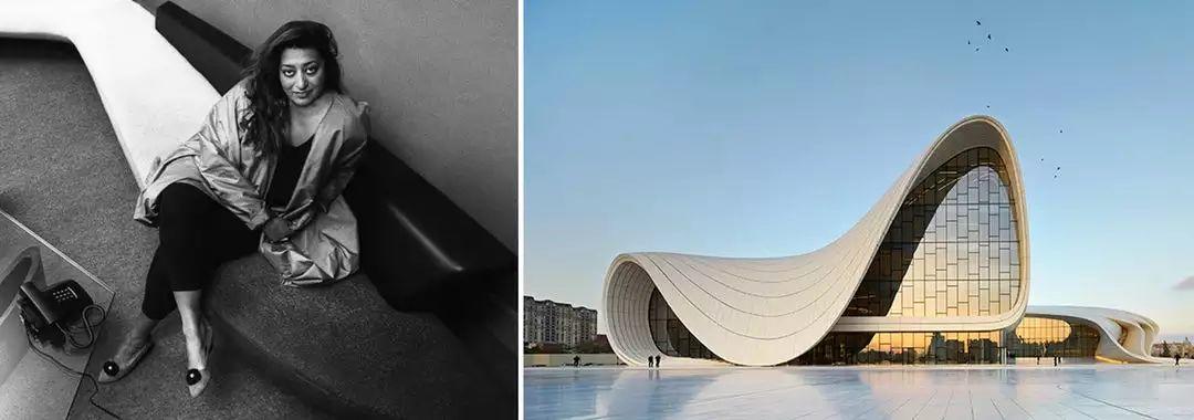 Zaha Hadid 以及圖右:阿利耶夫文化中心,巴庫,阿塞拜疆