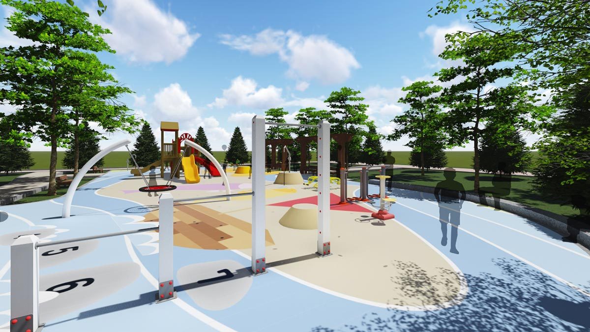 台中市烏日區自治公園以太陽及溪流為元素,設計溪流跑道與跳級過溪意象的跳格子遊戲