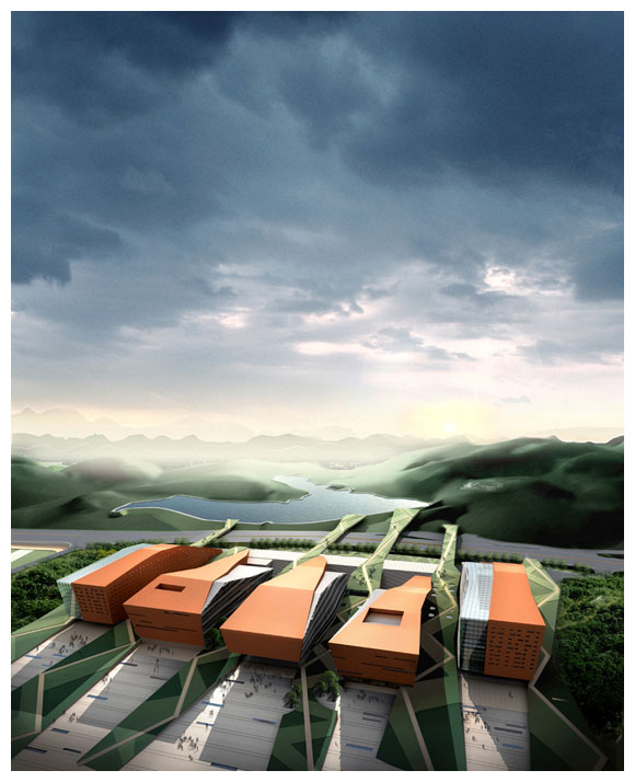 從白雲山摩星嶺俯瞰，白雲國際會議中心地上部分主體建築由A、B、C、D、E五棟富有曲折變化的長形立方體組成