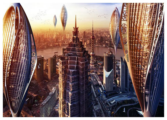 Vincent Callebaut 設計的「Hydrogenase 生態飛行建築」量體漂浮於上海城市上空