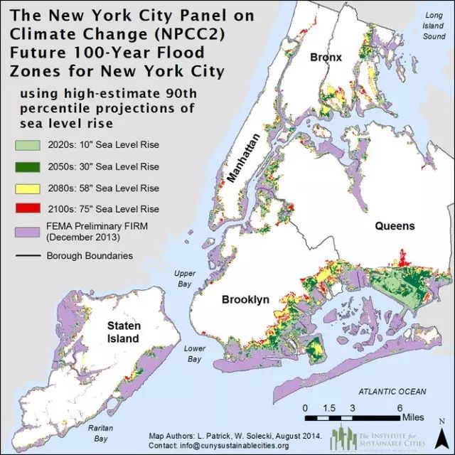 隨著海平面上升，紐約市100年一遇的預測洪水區（以2020年代、2050年代、2080年代、2100年代為例）