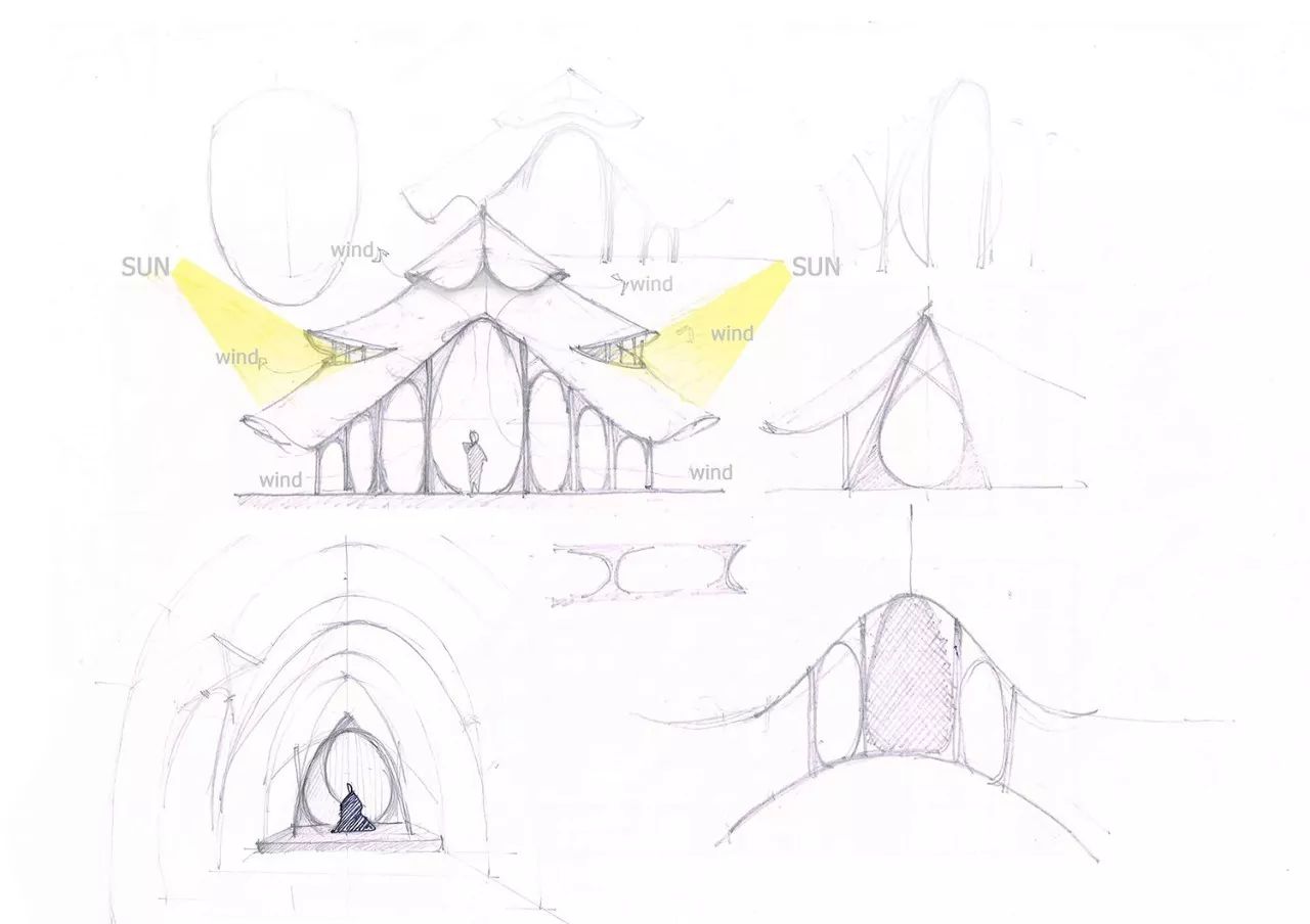 手繪草稿，泰國清邁 Panyaden International School 國際學校竹構造體育館╱CLA 清邁生活建築師事務所