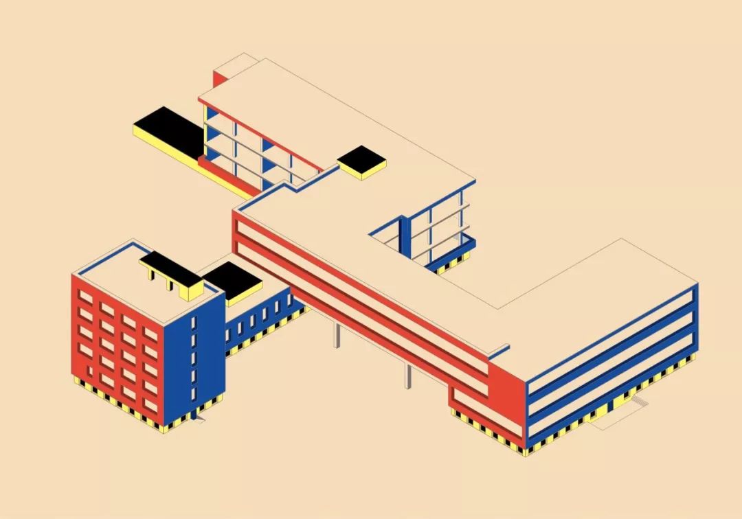 等角透視圖，德國包浩斯校舍 The Bauhaus building in Dessau╱Walter Gropius