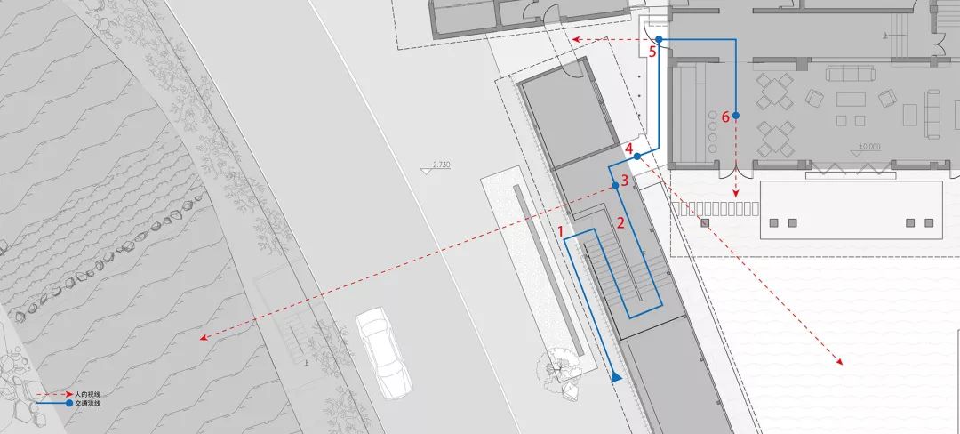 改造後入口動線與視線©久舍營造工作室 中國杭州臨安「魚樂山房」民宿改造╱久舍營造工作室