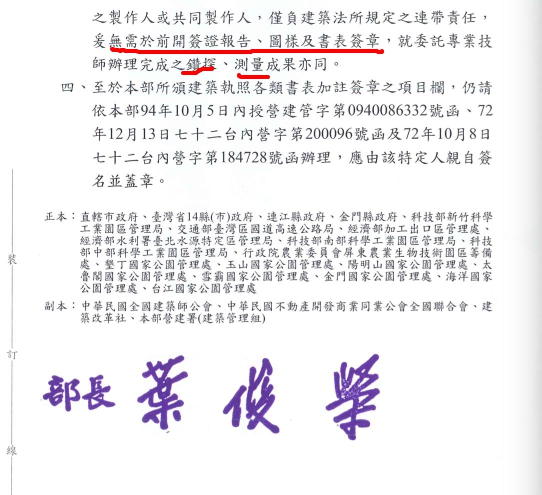 營建署回函建改社關於「申請建築許可圖說是否需要簽章簽章」文