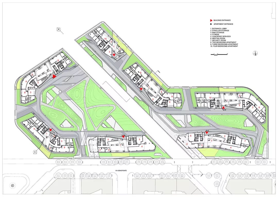 配置平面圖，米蘭CityLife公寓╱Zaha Hadid Architects