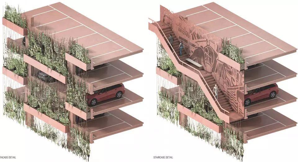 哥本哈根立體停車場屋頂運動樂園Park ‘n’ Play╱JAJA Architects 局部等角透視圖,哥本哈根立體停車場屋頂運動樂園Park ‘n’ Play╱JAJA Architects