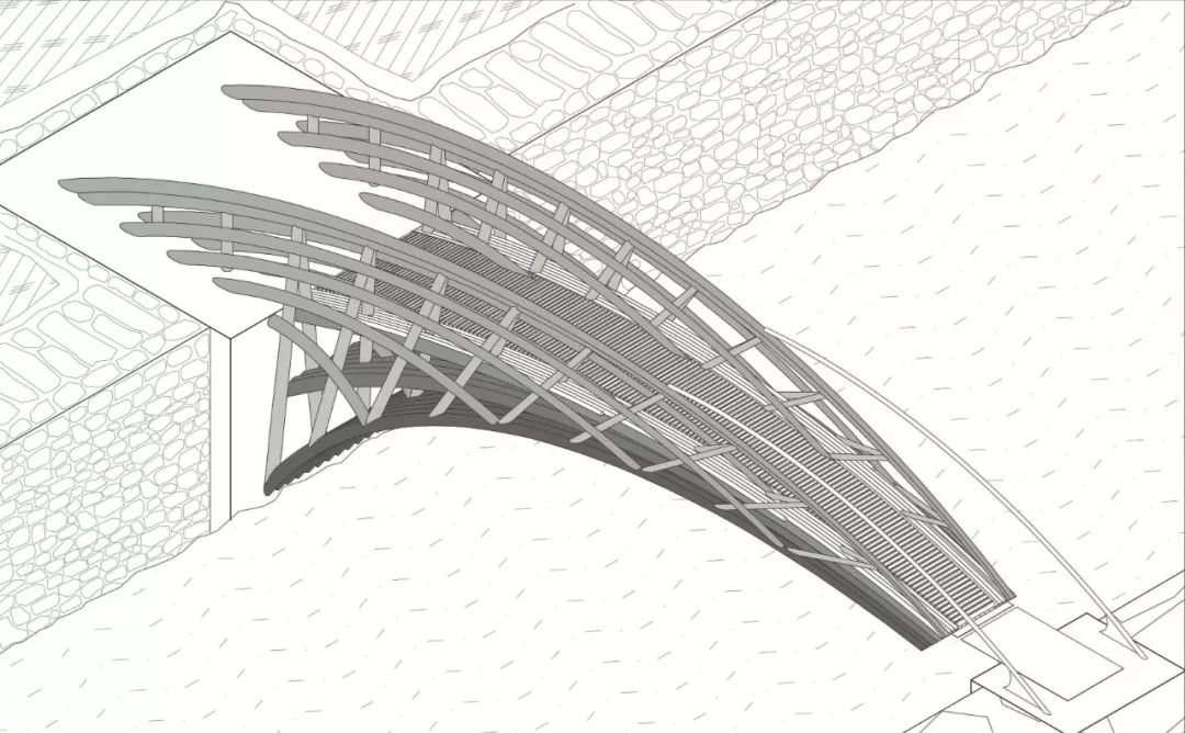 等角透視圖 china bamboo structure bridge 懸臂竹構造橋安徽懸岸飛橋╱來建築設計工作室