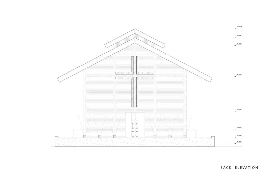 背向立面圖，印尼木構造教堂 Indonesia Oikumene timber wood church╱TSDS Interior Architect
