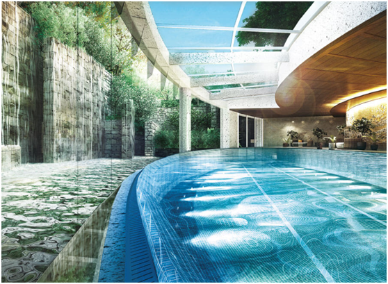 位於地泳池，頂部至側邊大面採光玻璃帷幕，延伸視野，營造「水光森林」