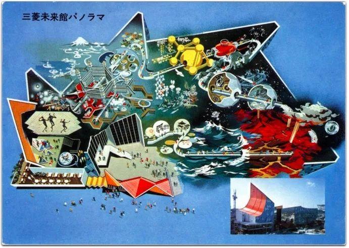 Mitsubishi Future Pavilion, Expo 』70, 1970. See descriptions above and below. The pavilion exterior (inset photo, lower-right) was representative of the famous Hiroshige ca. 1830 woodblock print 「The Great Wave off Kanagawa」