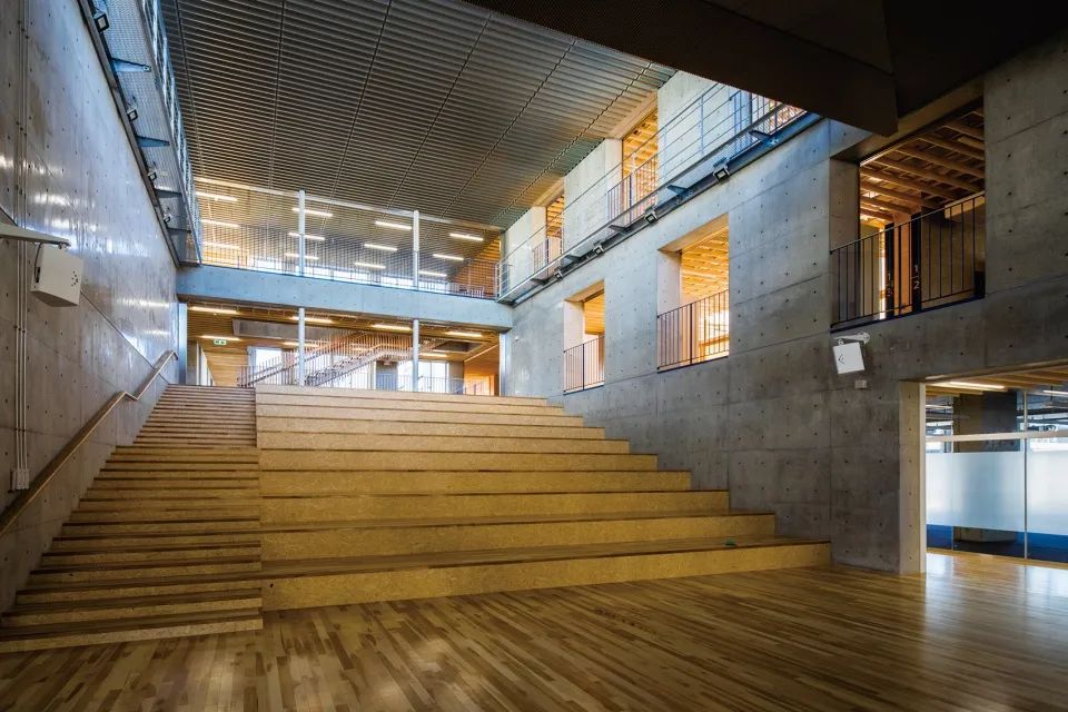中央大樓梯同時也作為大座椅 stairs terrace seaing Japan High School 清水混凝土 日本建築 下妻市立下妻中學校／三上建築事務所
