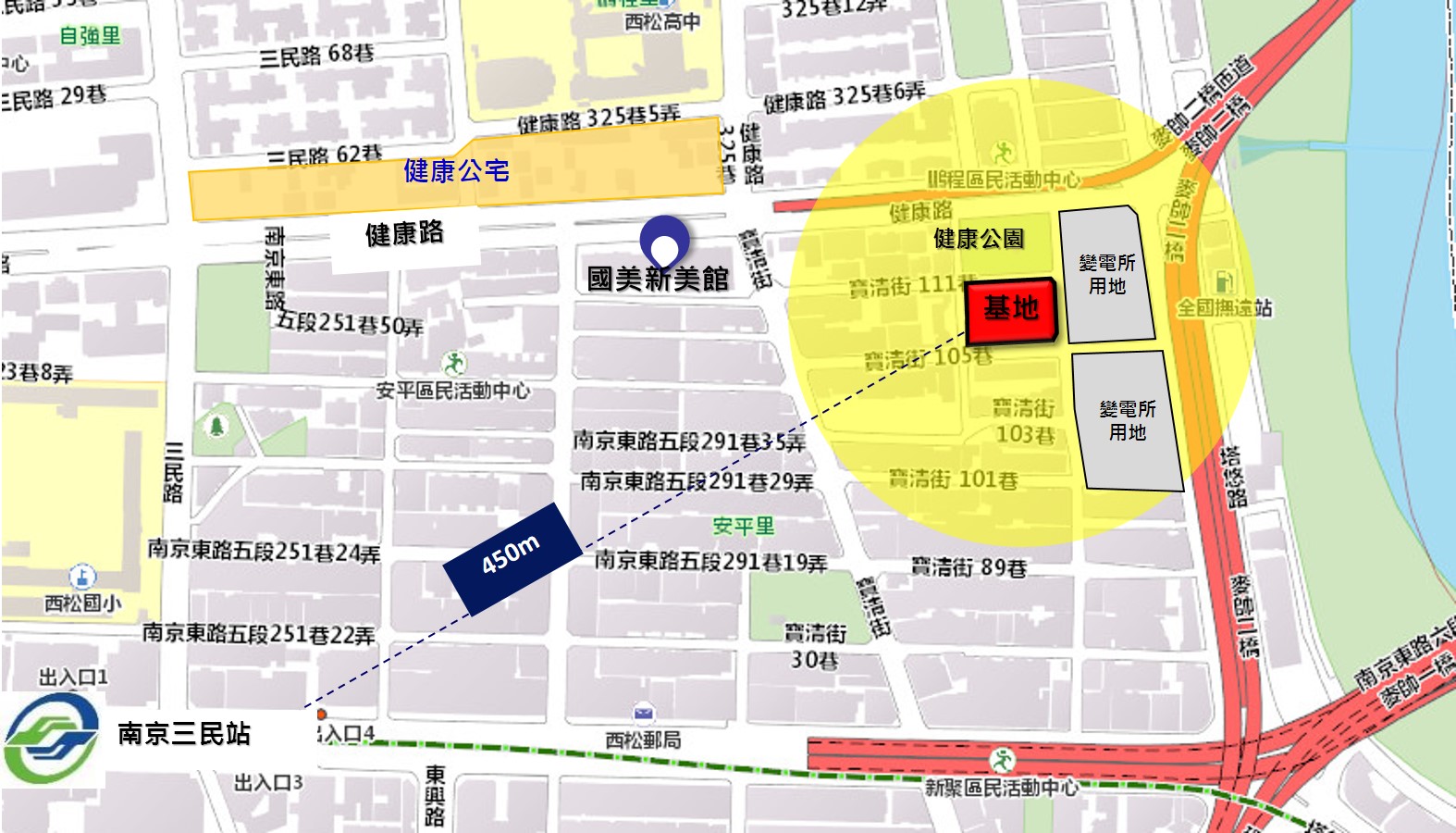 台電寶清街都更案距捷運南京三民站約450公尺，離臺鐵松山車站亦僅捷運一站之遙(基地位置圖)