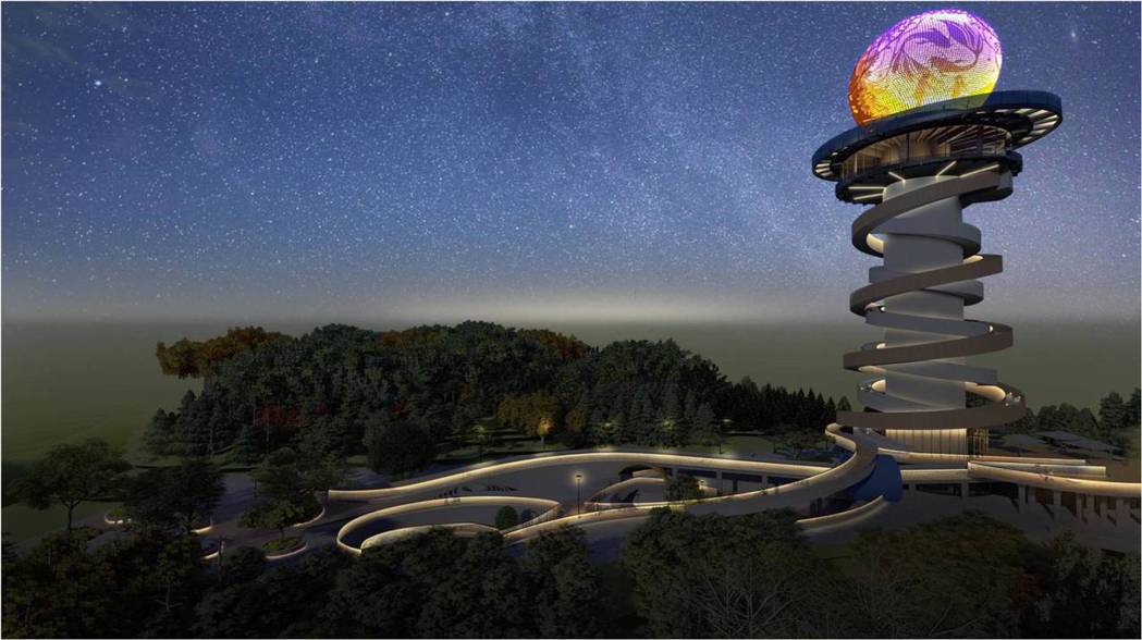 「南投天空之星景觀塔」由建築師張毓峰設計，以天受宮的玄天上帝護法「蛇」為靈感，在塔體外建造「雙螺旋狀通道」，供民眾漫步通往頂端球型景觀平台