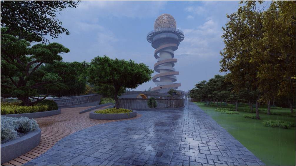 南投「天空之星景觀塔」塔頂為大型球體光電裝置藝術,含塔頂光球高度約58公尺 觀光處觀光開發科表示,「天空之星」外觀已拍板定案,內部空間規劃及設施仍在調整中,相信