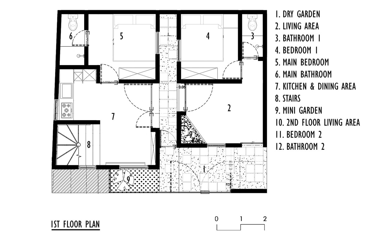 1F平面圖，印尼雅加達雙胞胎私人住宅／DELUTION
