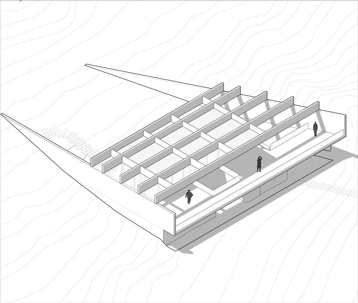 等角透視圖，智利五支大樑別墅／Polidura Arquitectos