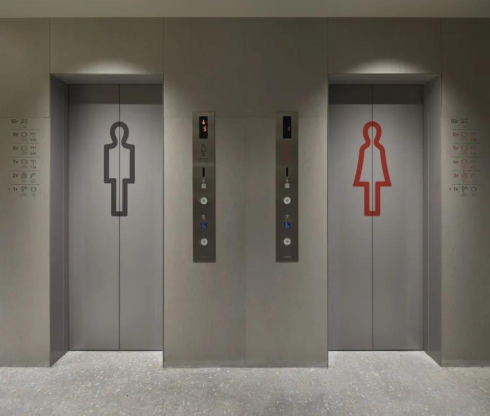 電梯間，分成女性及男性樓層，名古屋9h nine hours膠囊旅館／Keiji Ashizawa Designs