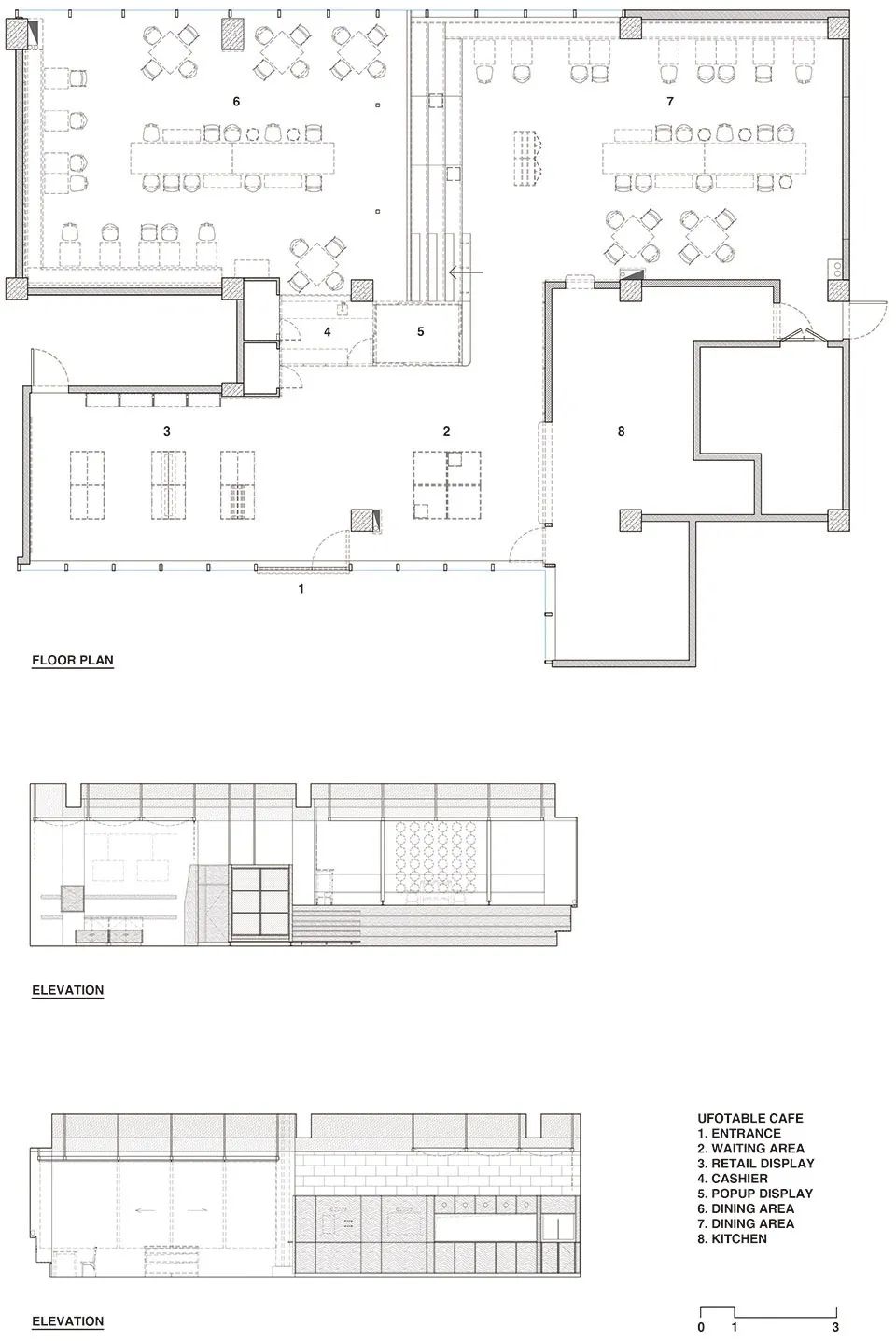 平面圖和立面圖，上海Ufotable Café動漫主題餐廳咖啡館／Atelier A 