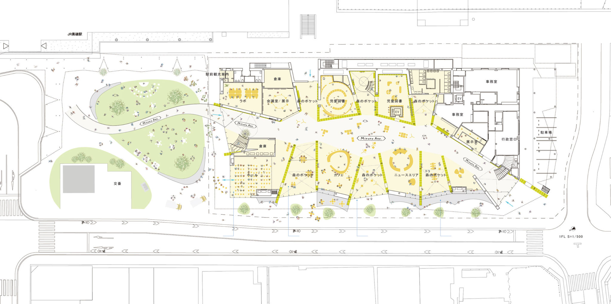1樓平面圖 Plan，那須鹽原市圖書館 / Urban Architecure Office＋伊藤麻理