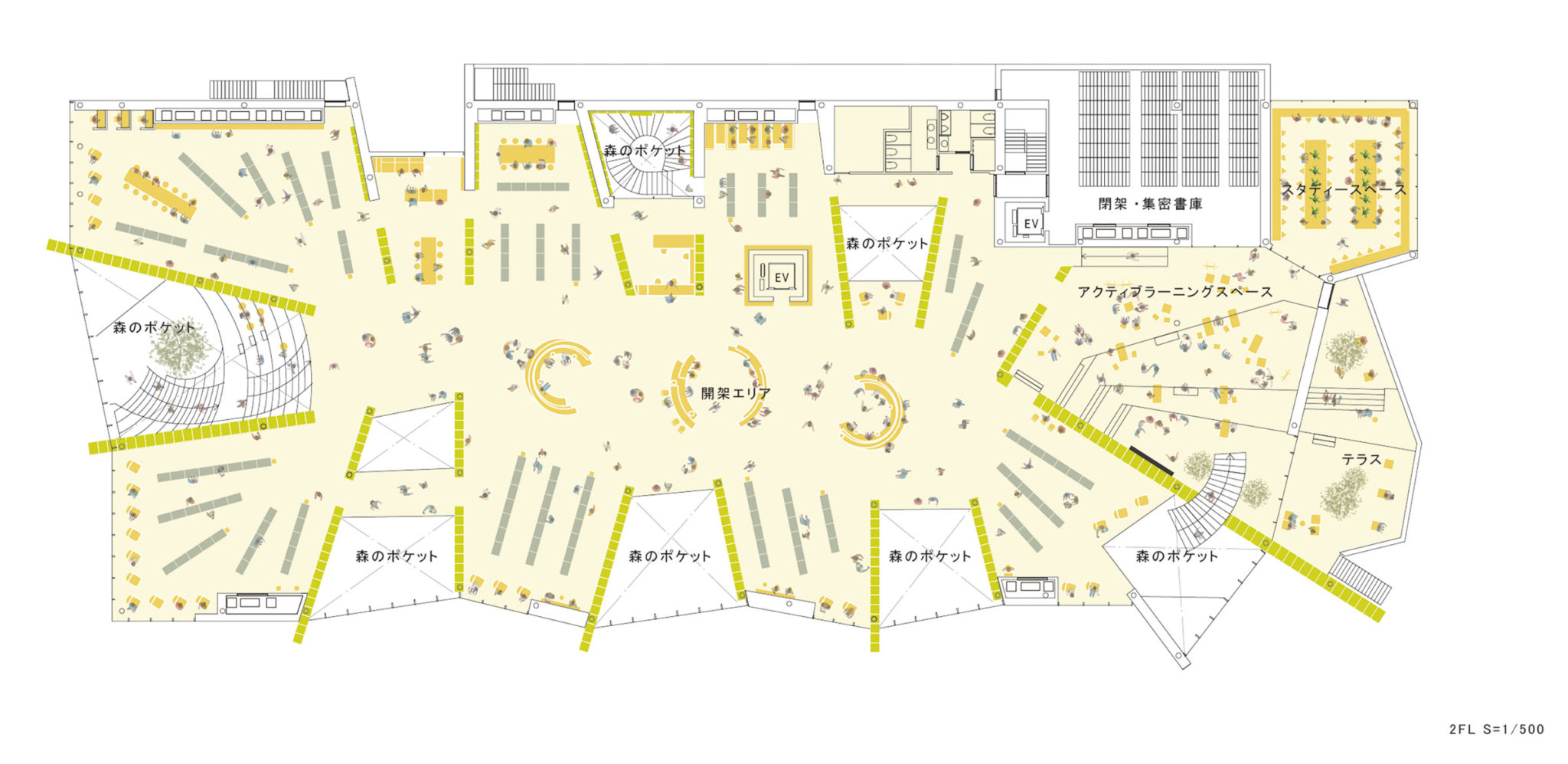 二樓平面圖 Plan，那須鹽原市圖書館 / Urban Architecure Office＋伊藤麻理