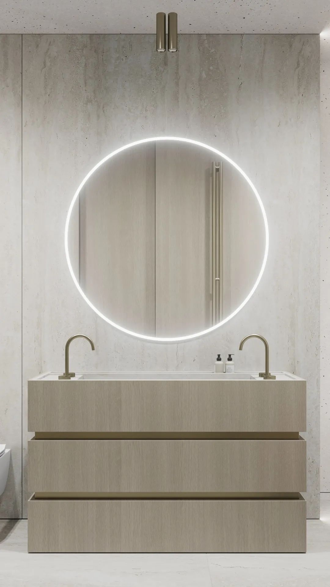 洗手檯與圓形鏡子，莫斯科公寓Grey APPARTMENT室內設計／Quadro Room