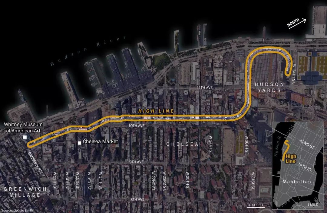 高線公園衛星圖/ 圖片來自《華盛頓郵報》,Highline New York City 紐約高線公園