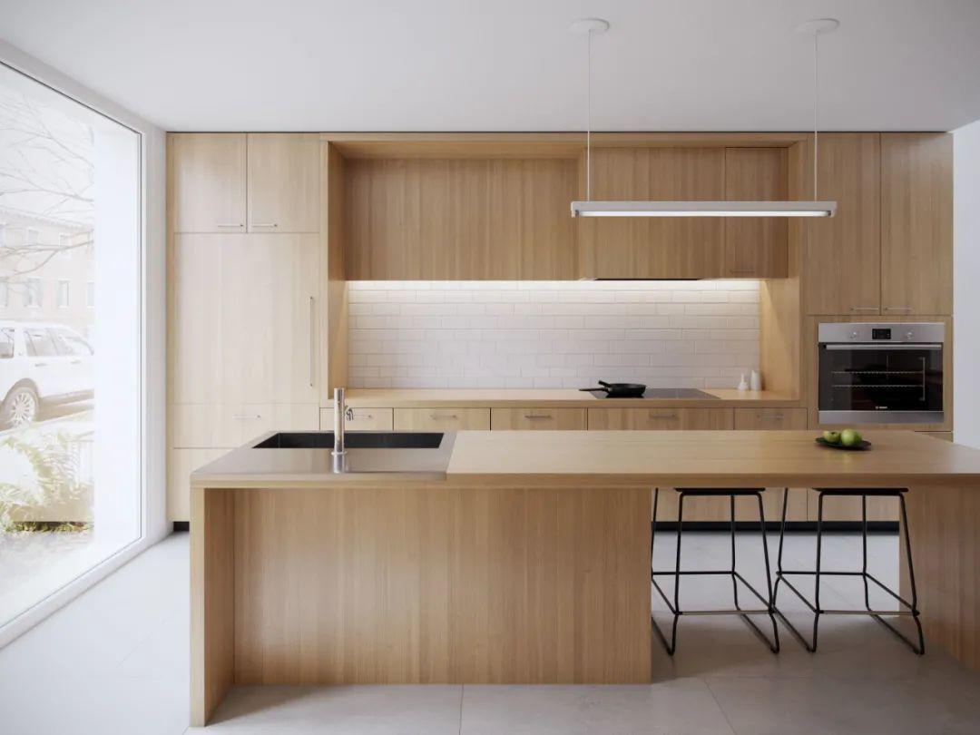 木紋質感，極簡廚房中島設計