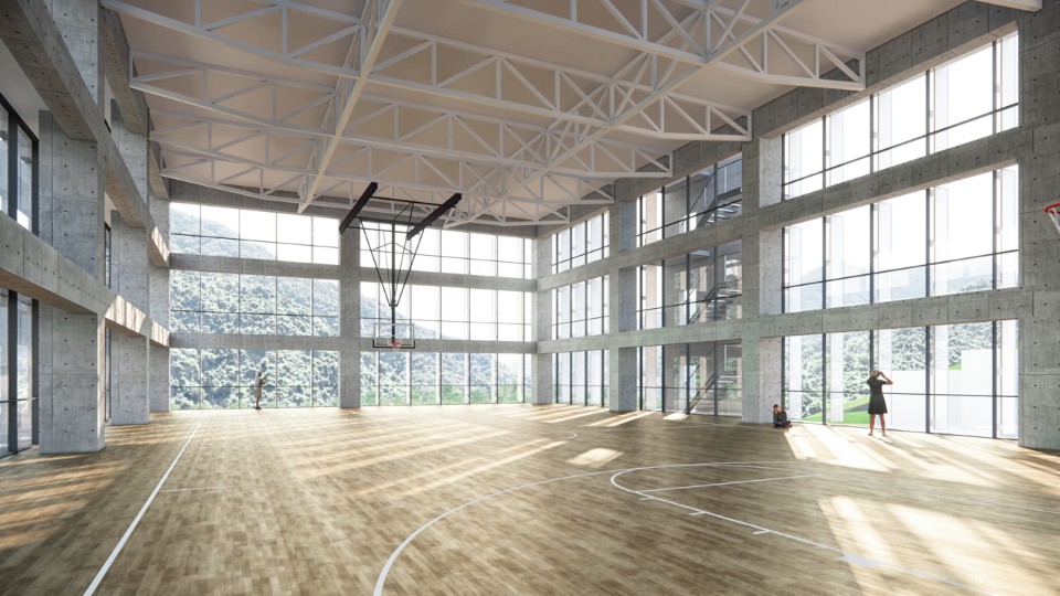 由籃球場（集合場）望向翡翠水庫，台電訓練所所本部綜合大樓競圖提案／萬有為建築師事務所