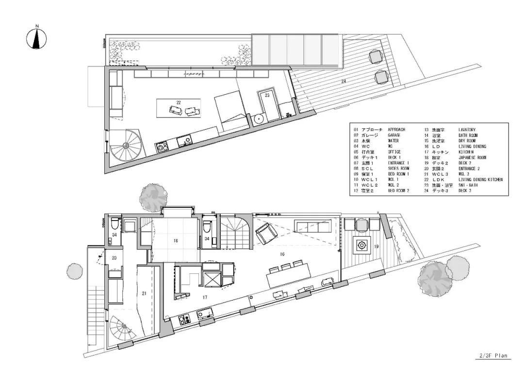 二樓、三樓平面圖 Plan 芦屋市大阪港口之家 私人住宅 Osaka Private House／Maniera Architect and Associates