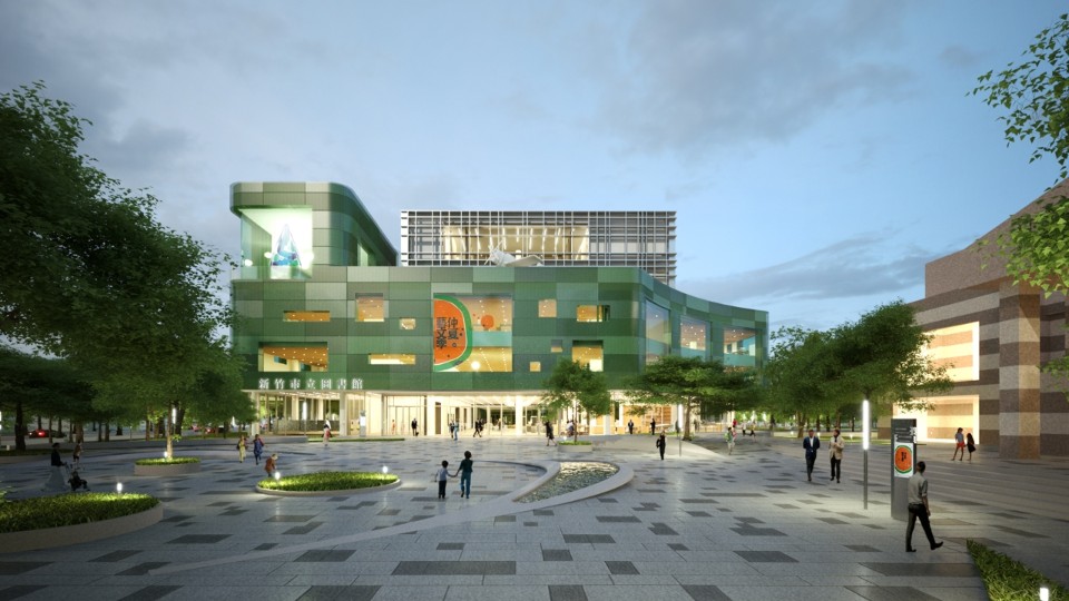 入口綠寶盒及戲水廣場，新竹市圖書館新總館競圖設計提案／張瑪龍陳玉霖聯合建築師事務所