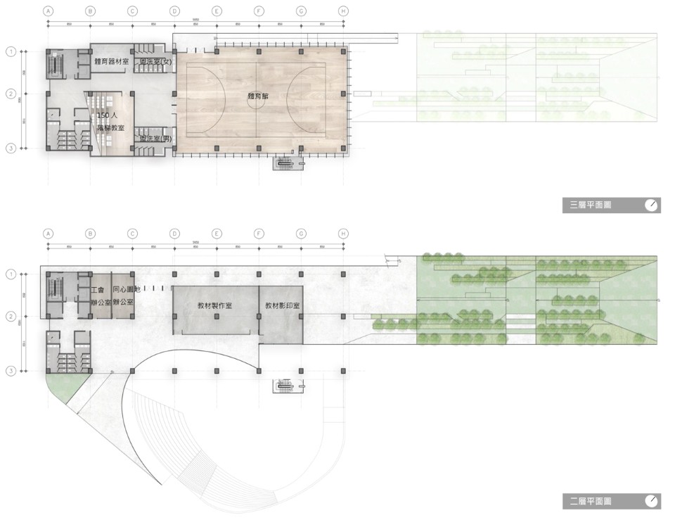  二層及三層平面圖，台電訓練所所本部綜合大樓競圖提案／萬有為建築師事務所