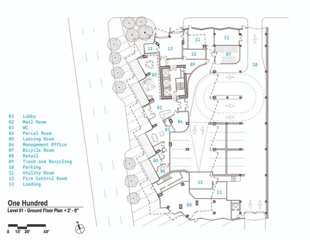 地面層平面圖，美國聖路易斯市One Hundred住宅大樓／Studio Gang