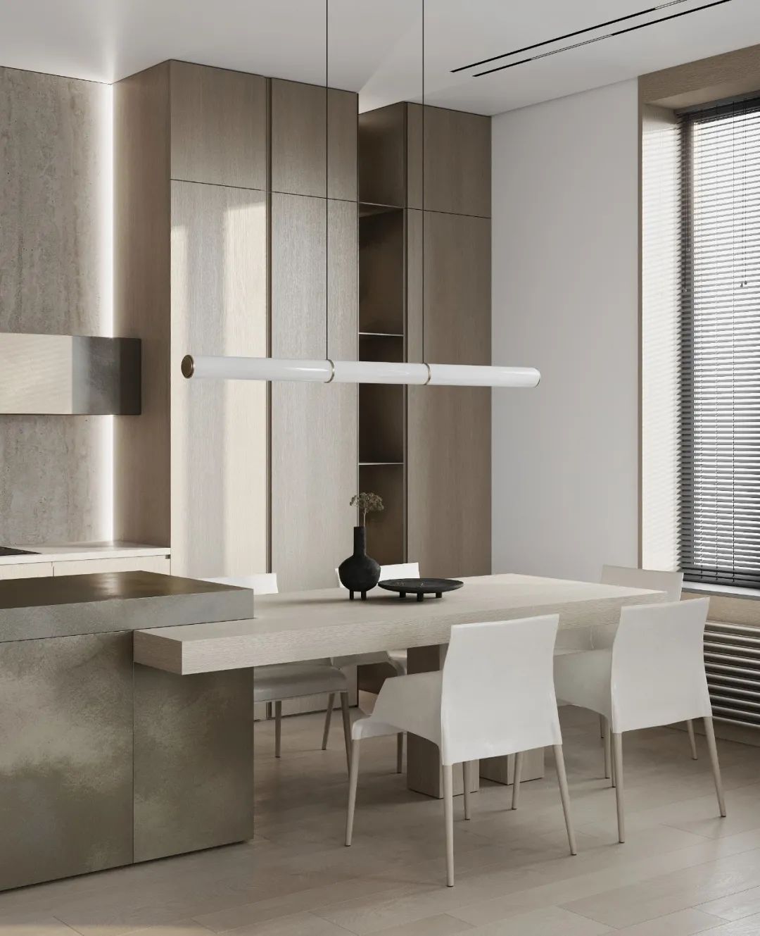 廚房中島餐桌，莫斯科公寓Grey APPARTMENT室內設計／Quadro Room