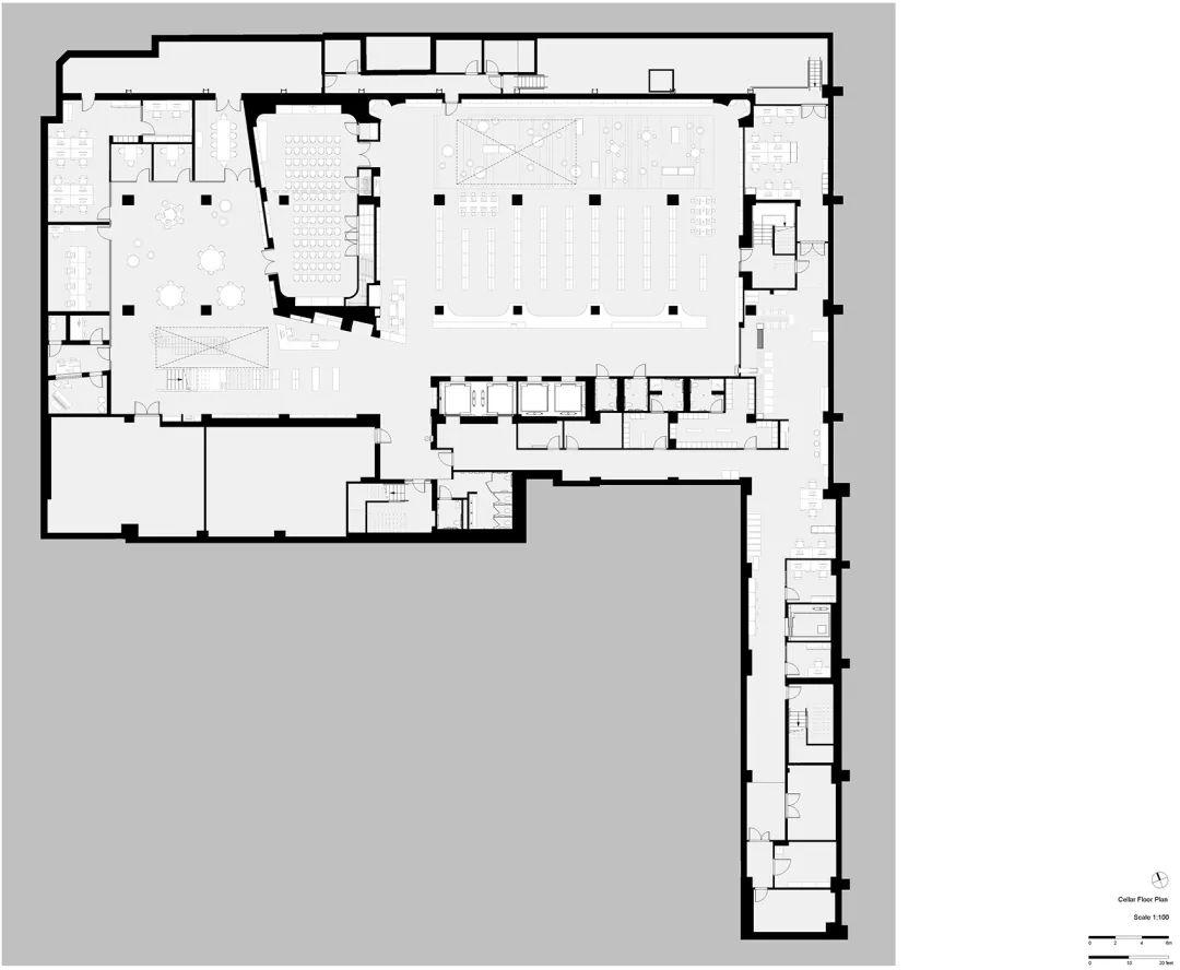 地下層平面圖，紐約Stavros Niarchos基金會圖書館／Mecanoo + Beyer Blinder Belle