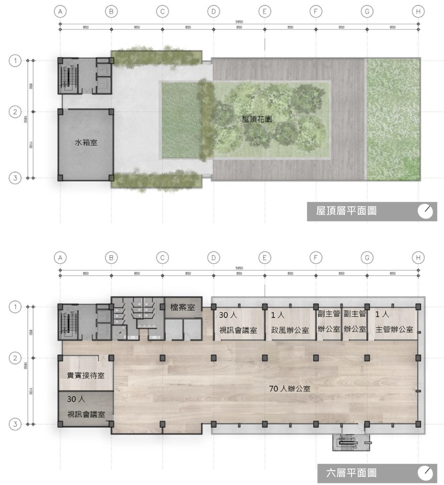 六層及屋頂層平面圖，台電訓練所所本部綜合大樓競圖提案／萬有為建築師事務所