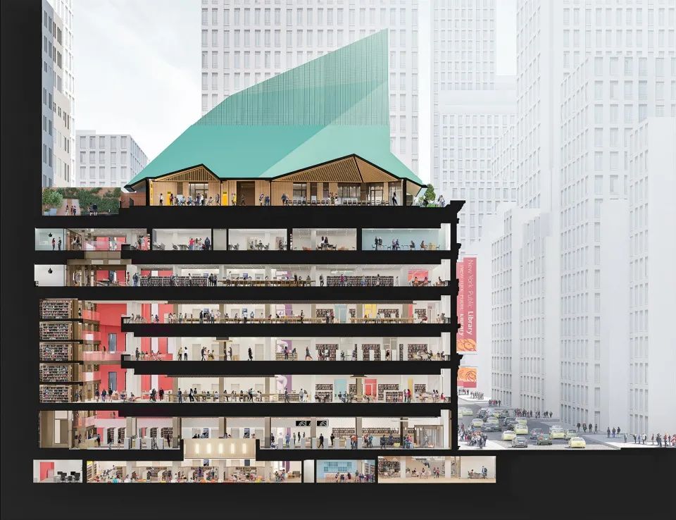 剖面圖，紐約Stavros Niarchos基金會圖書館／Mecanoo + Beyer Blinder Belle