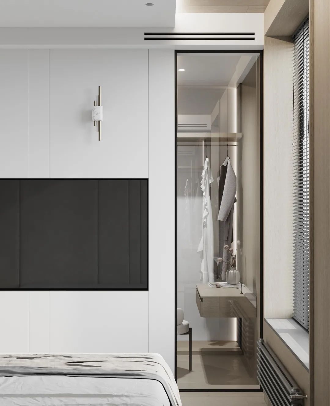 臥室電視牆，莫斯科公寓Grey APPARTMENT室內設計／Quadro Room