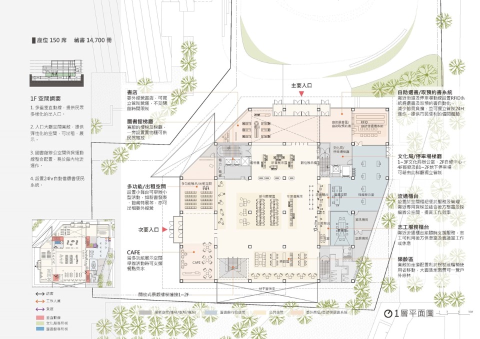 一層平面圖 新竹市圖書館新總館競圖設計提案／張瑪龍陳玉霖聯合建築師事務所