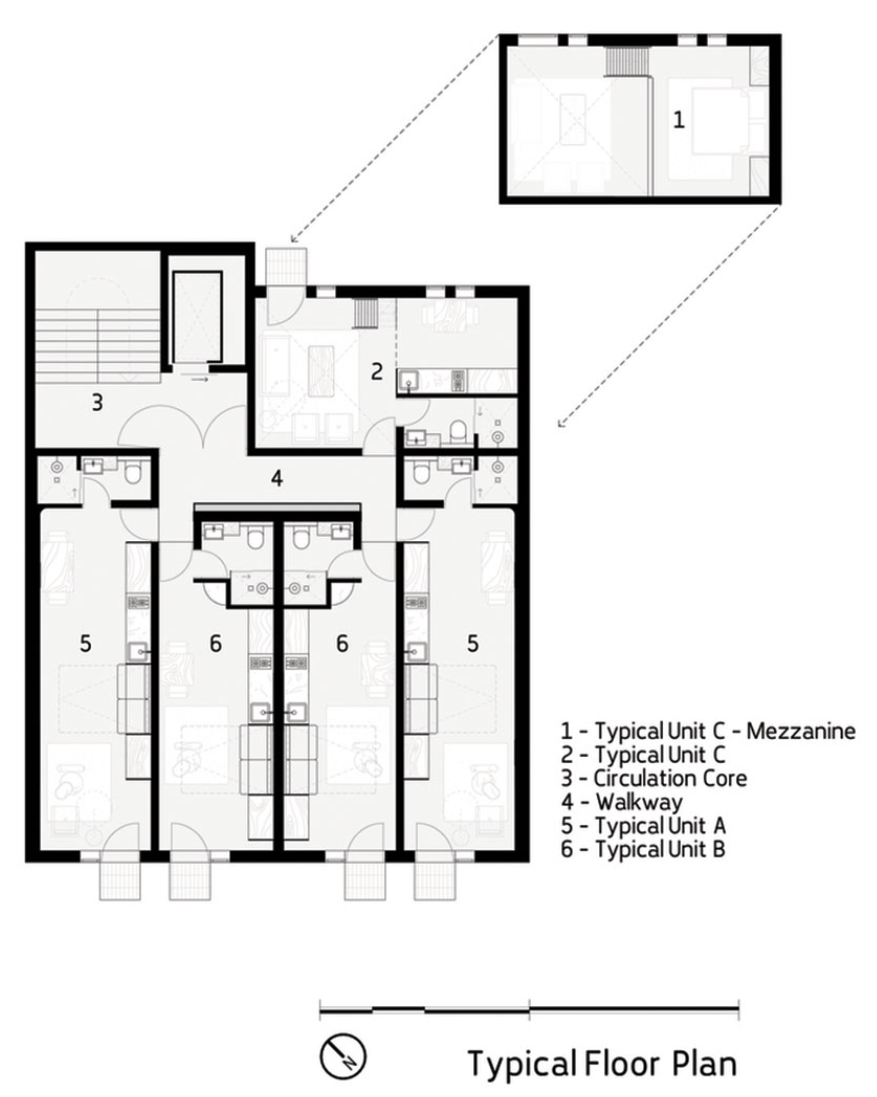 樓層平面圖，南非微型住所Uxolo Apartments／Two Five Five Architects