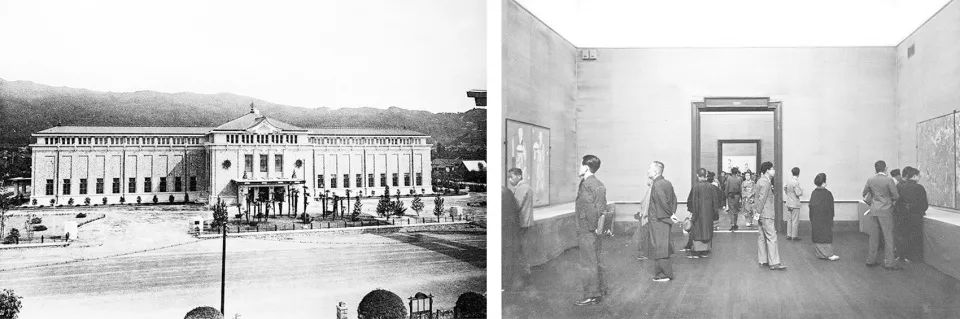 左圖:1933年竣工時的建築外觀;右圖:人們在舊時的二層展廳參觀 京都市京瓷美術館/青木淳+西澤徹夫