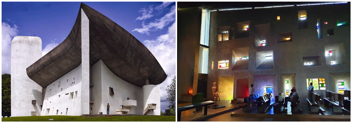 立體派畫家柯比意作品「法國廊香教堂」，融合立體派與風格學派特色，利用光線將空間感產生不同變化。 臺師大EMBA／提供