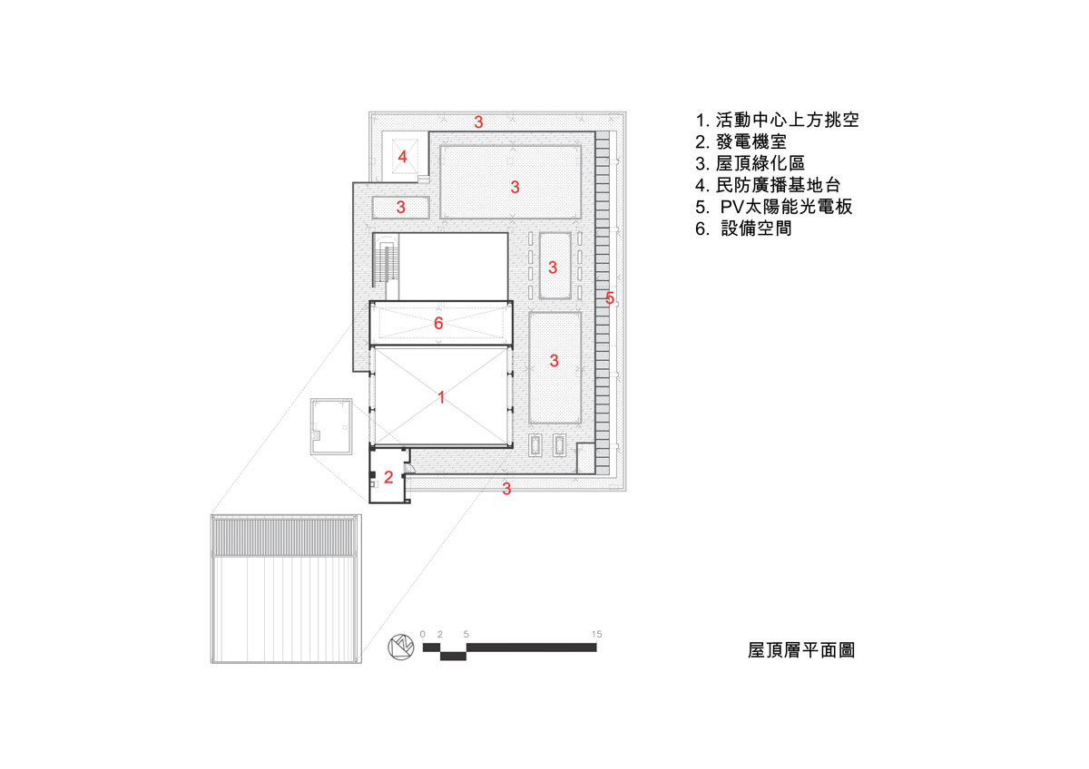 屋突1層平面圖，三峽北大特區全齡生活館／盧俊廷建築師事務所+陳以凡建築師事務所