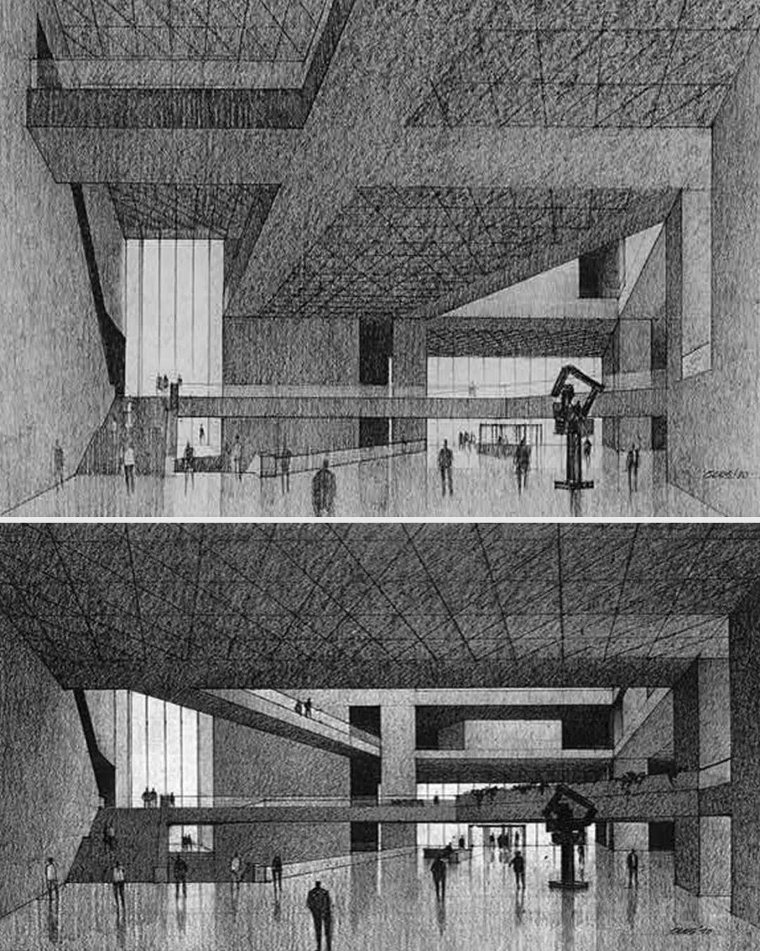 1969年11月6日的透視圖中庭被厚重得混凝土樓板覆蓋（上圖），1970年12月1日的透視圖中出現東西向的天橋（下圖）